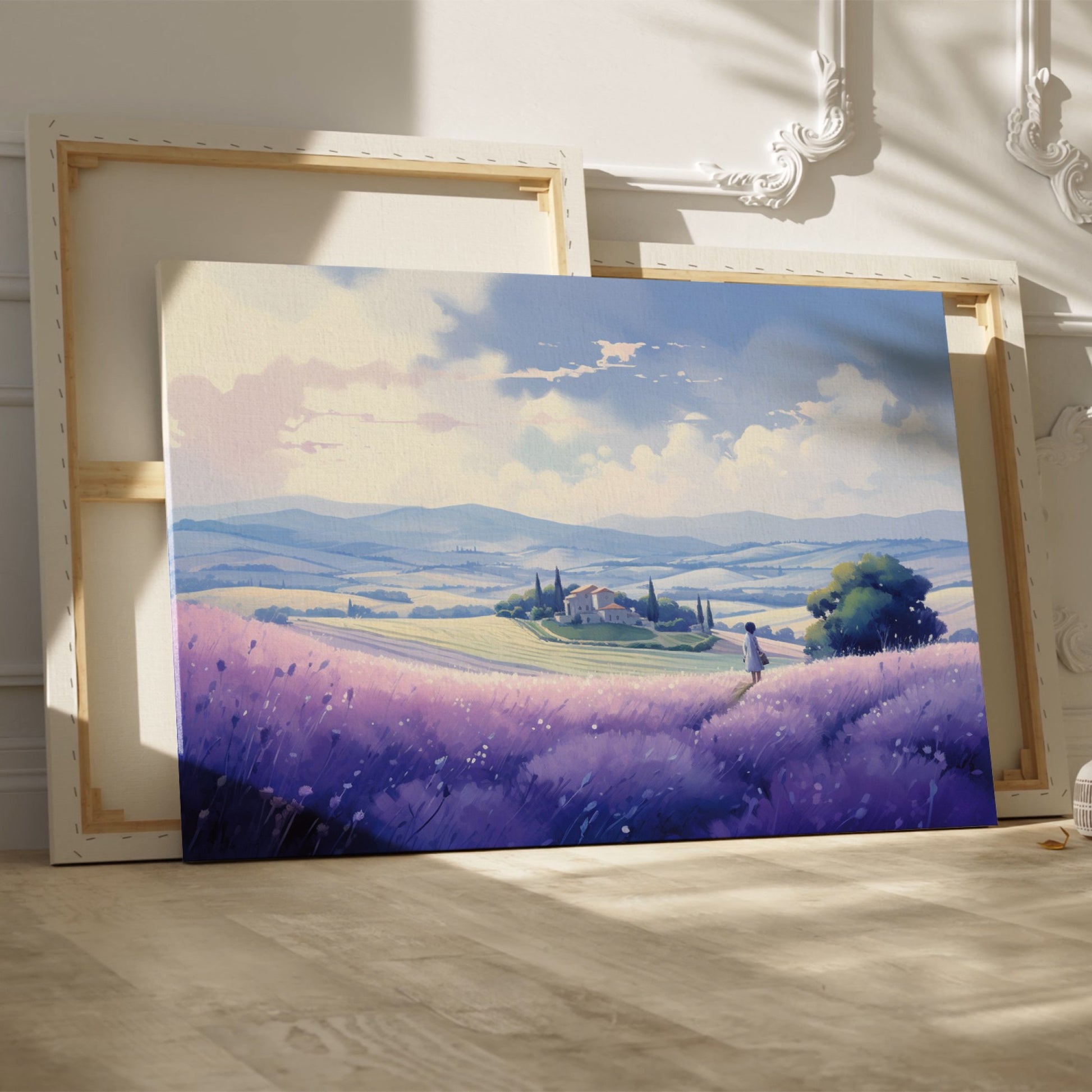 Framed canvas print of a scenic countryside with lavender fields and a rustic house