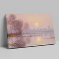 Framed canvas print of a misty river sunrise with reflection and soft pastel colours in impressionist style