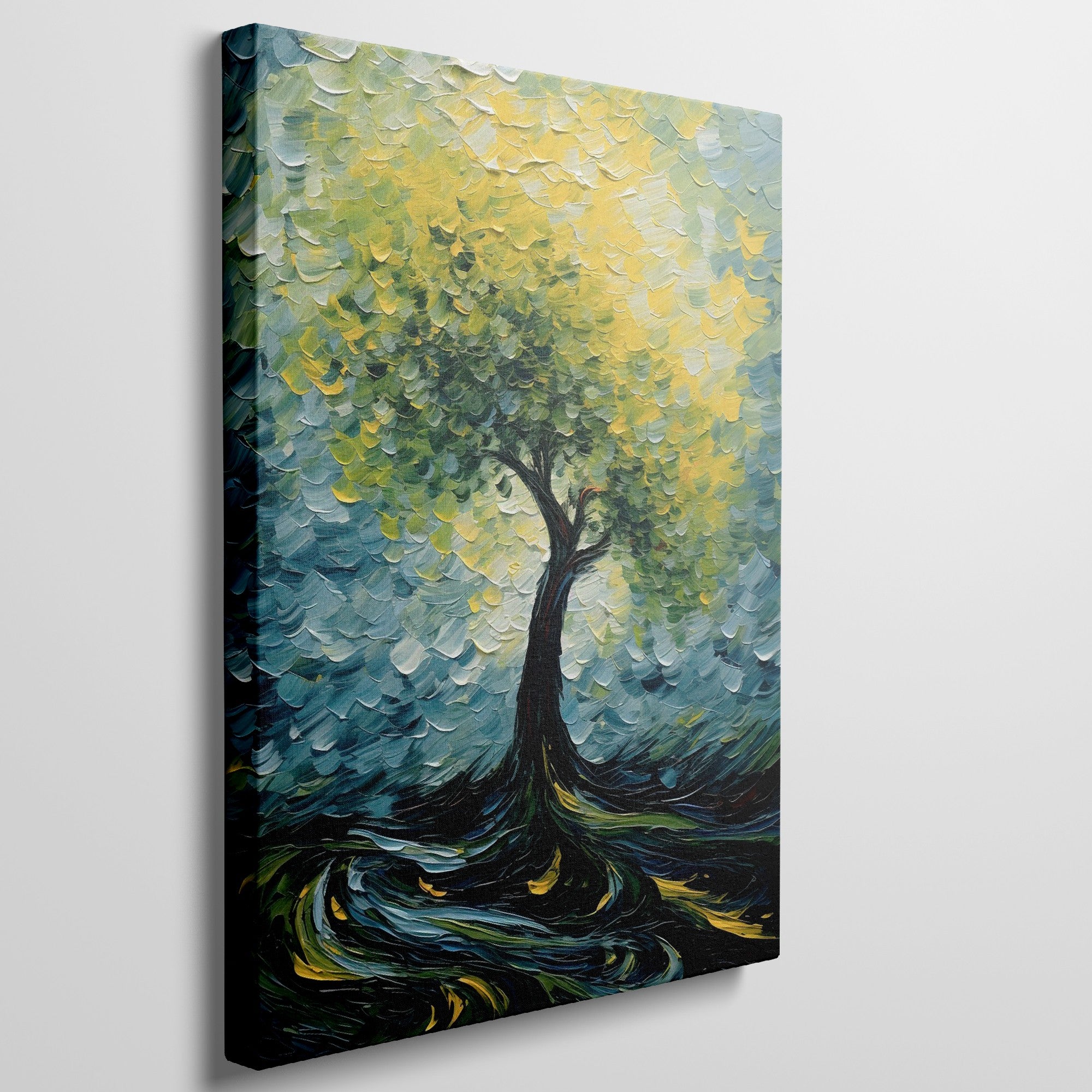 Framed canvas print of an impressionist tree with vibrant yellow and green colours