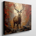 Framed canvas print of a majestic stag in an autumn forest with fiery red leaves