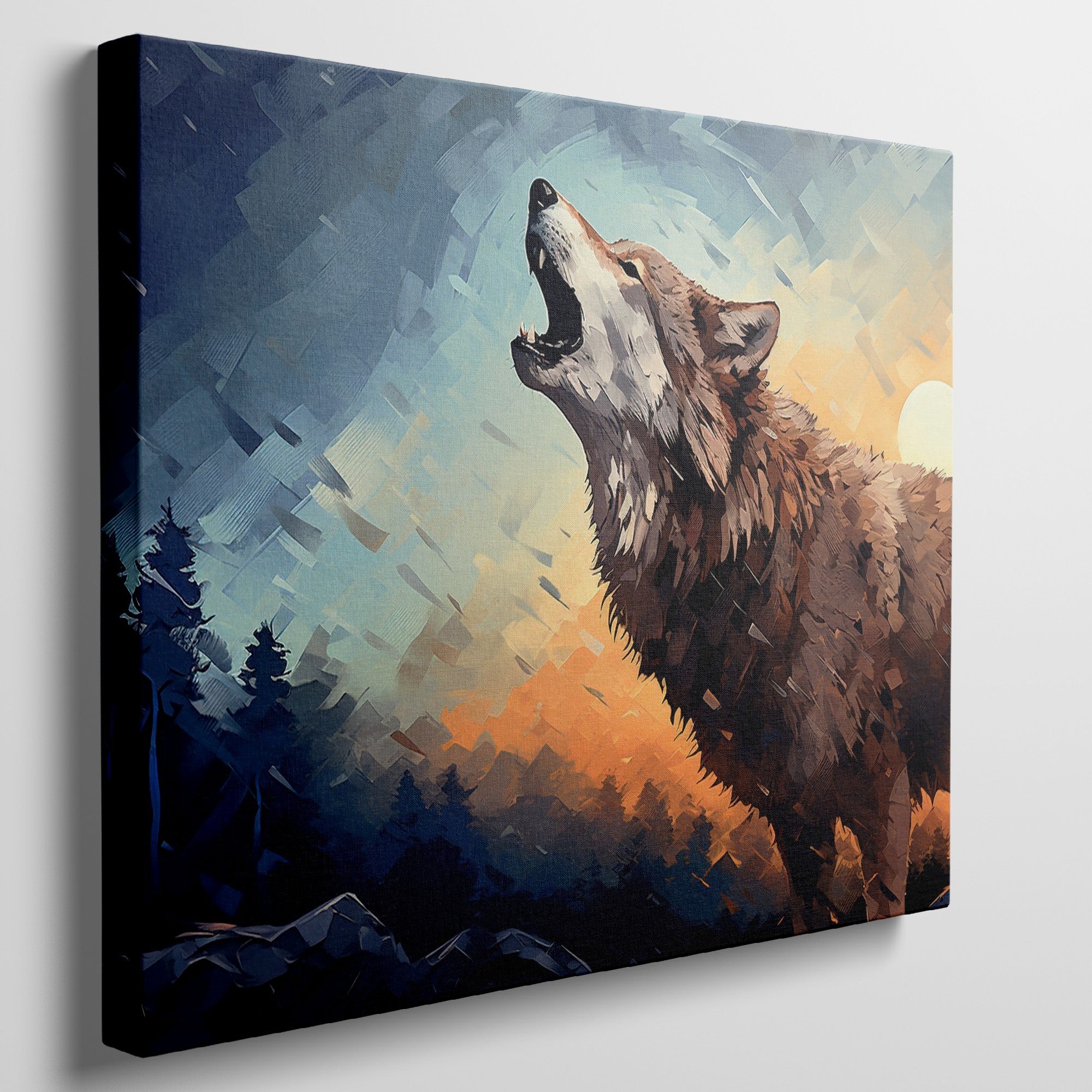 Framed canvas print of stylised howling wolf at sunset with forest backdrop