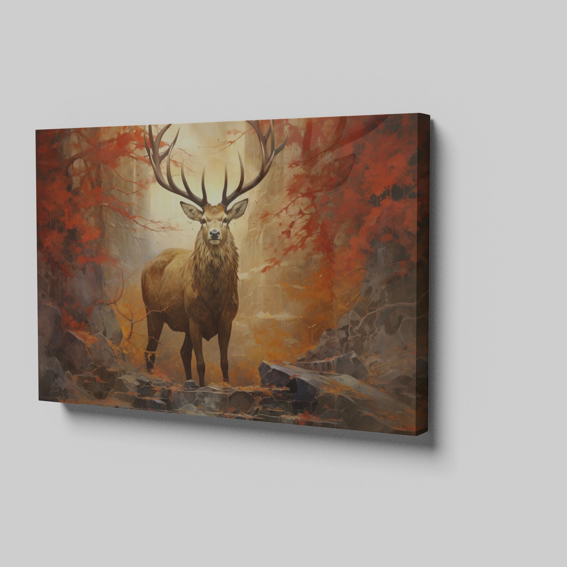 Framed canvas print of a majestic stag in an autumn forest with fiery red leaves