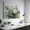 Framed canvas print of tranquil lotus flowers and water lilies on a serene pond