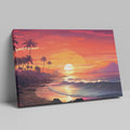 Framed canvas print of a digital tropical sunset with palm trees and ocean waves