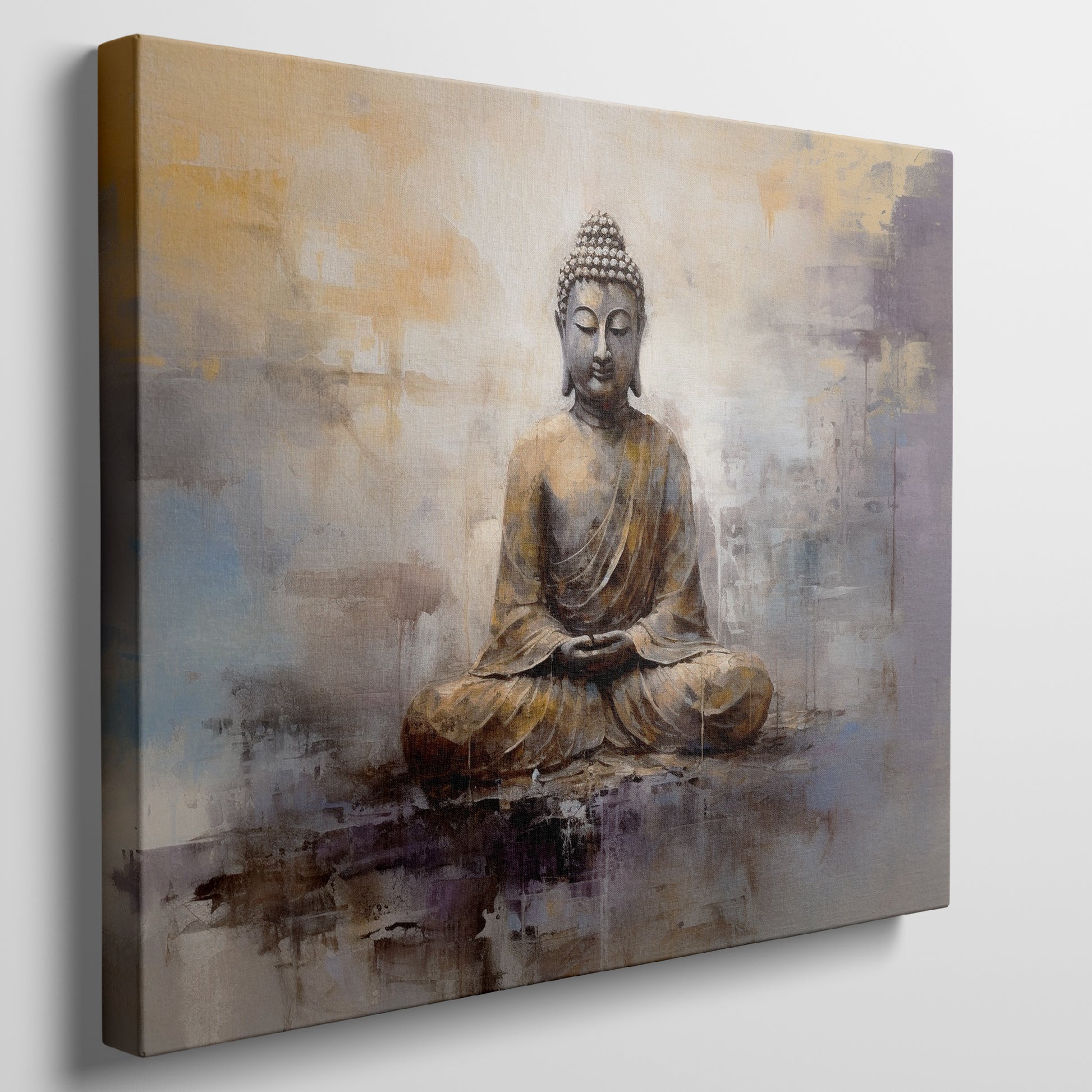 Framed canvas print of a golden Buddha in meditative pose with abstract background