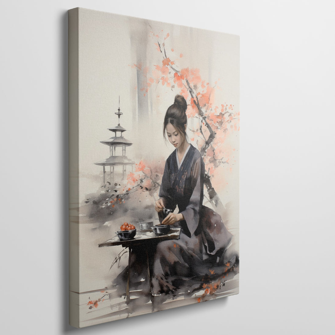 Framed canvas print of a serene Japanese woman in kimono participating in a tea ceremony with cherry blossoms and pagoda in the background