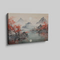 Framed canvas print of Oriental landscape with red autumn leaves and mountain reflections