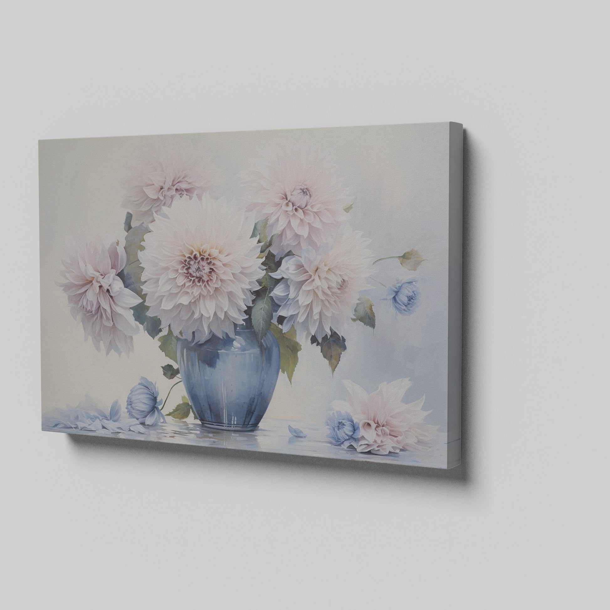 Framed canvas print of realistic dahlia flowers in a vintage blue vase with soft pastel tones