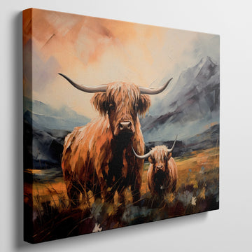 Framed canvas print featuring vibrant Highland cattle with mountain landscape