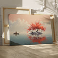 Framed canvas print of a tranquil lake with cherry blossoms and boat