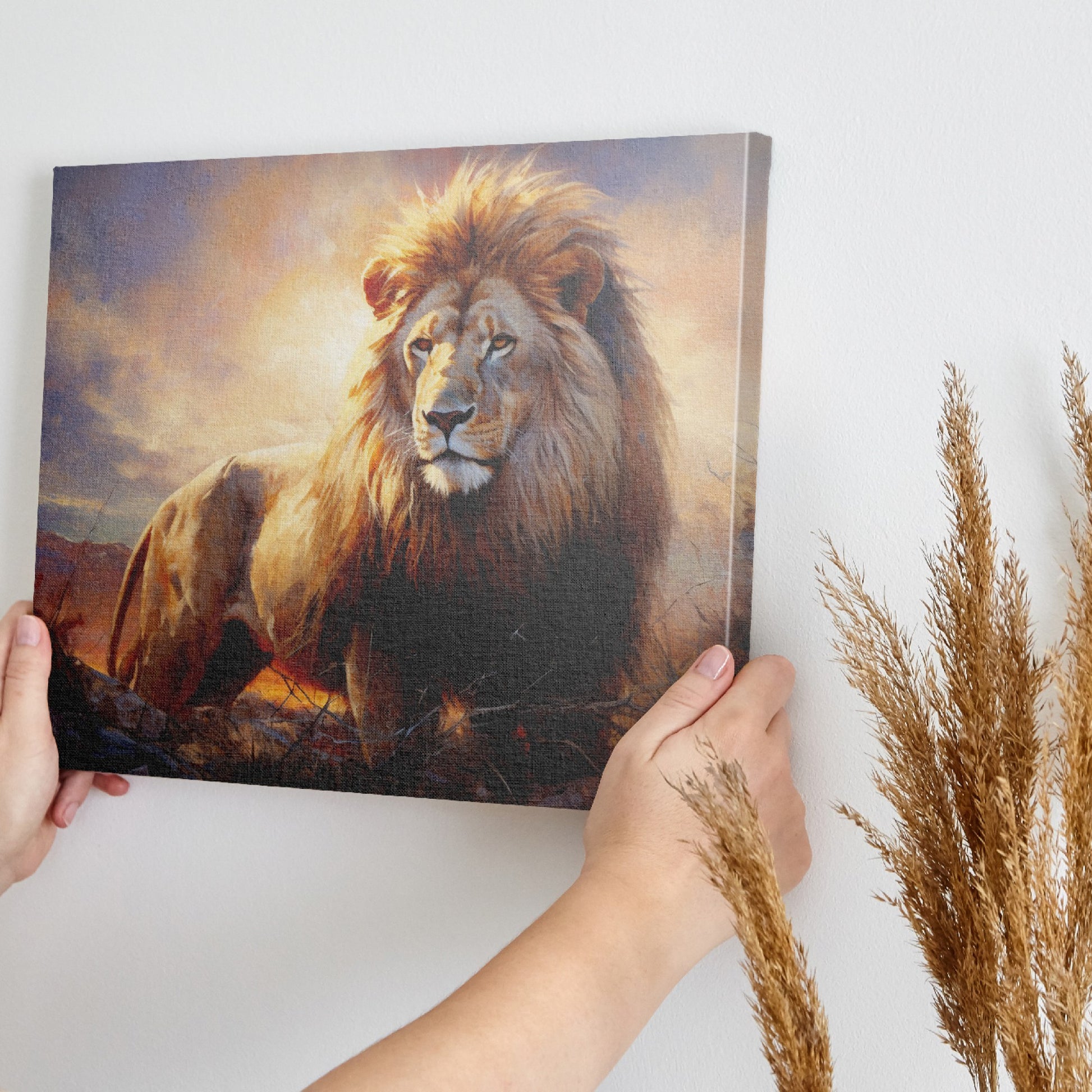 Framed canvas print of a majestic lion against a fiery sunset background