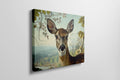 Framed canvas print of a realistic deer in a serene countryside setting with earthy tones