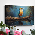 Framed canvas print of a Kingfisher bird with vibrant blue and orange plumage, perched on a branch over reflective water