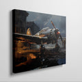 Framed canvas print of a vintage WWII fighter plane on a reflective rainy tarmac