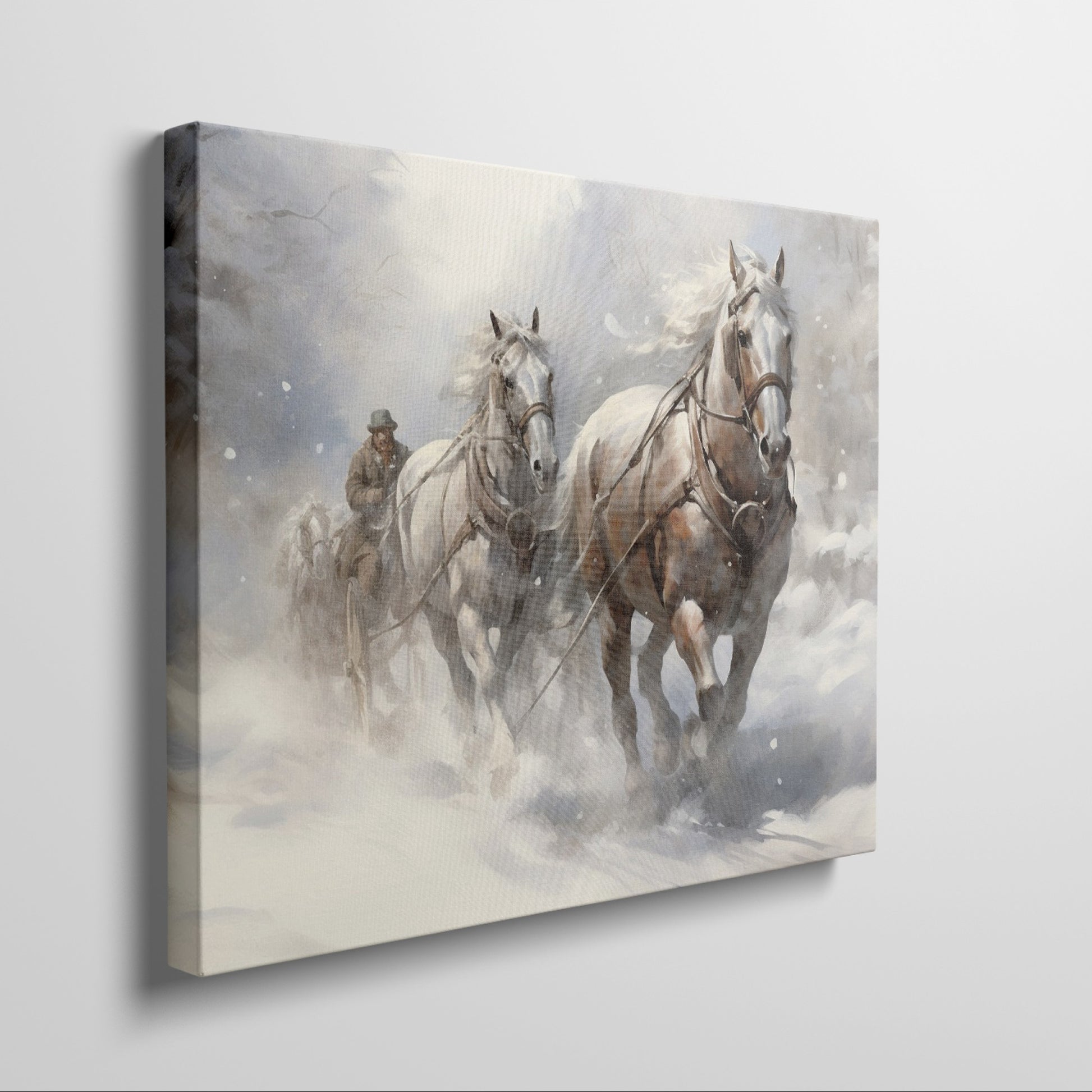 Framed canvas print of a traditional winter scene with a horse-drawn sleigh in the snow