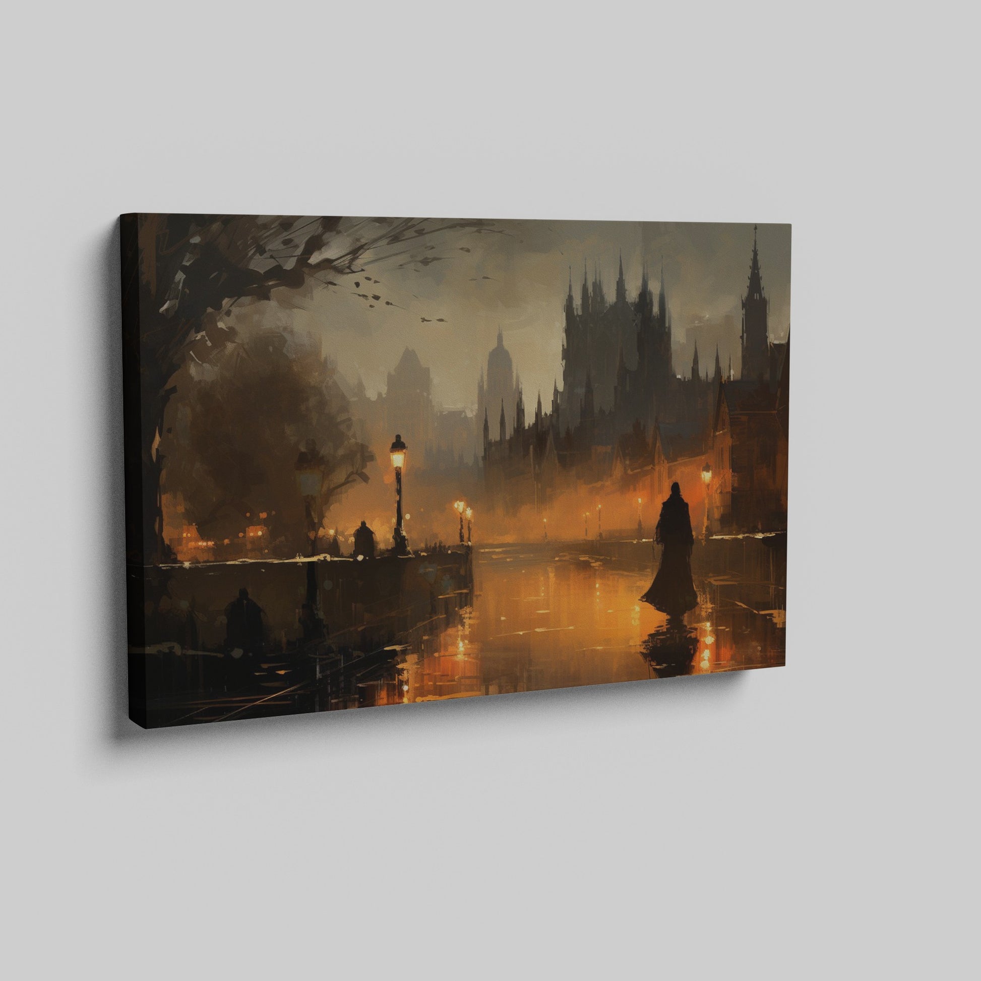 Framed canvas print of a gothic cityscape at twilight with warm glows and a shadowy figure