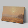 Framed canvas print of a misty, Impressionist-style sunset over a rustic countryside landscape with warm tones