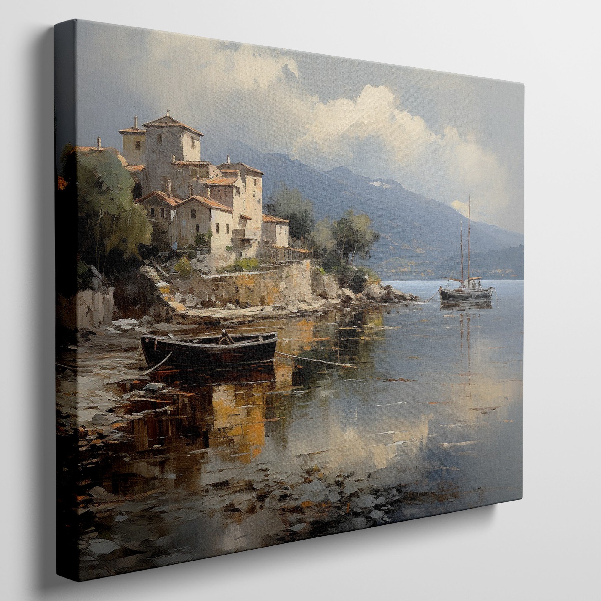 Framed canvas print of a Mediterranean coastal village with boats and serene sea reflections