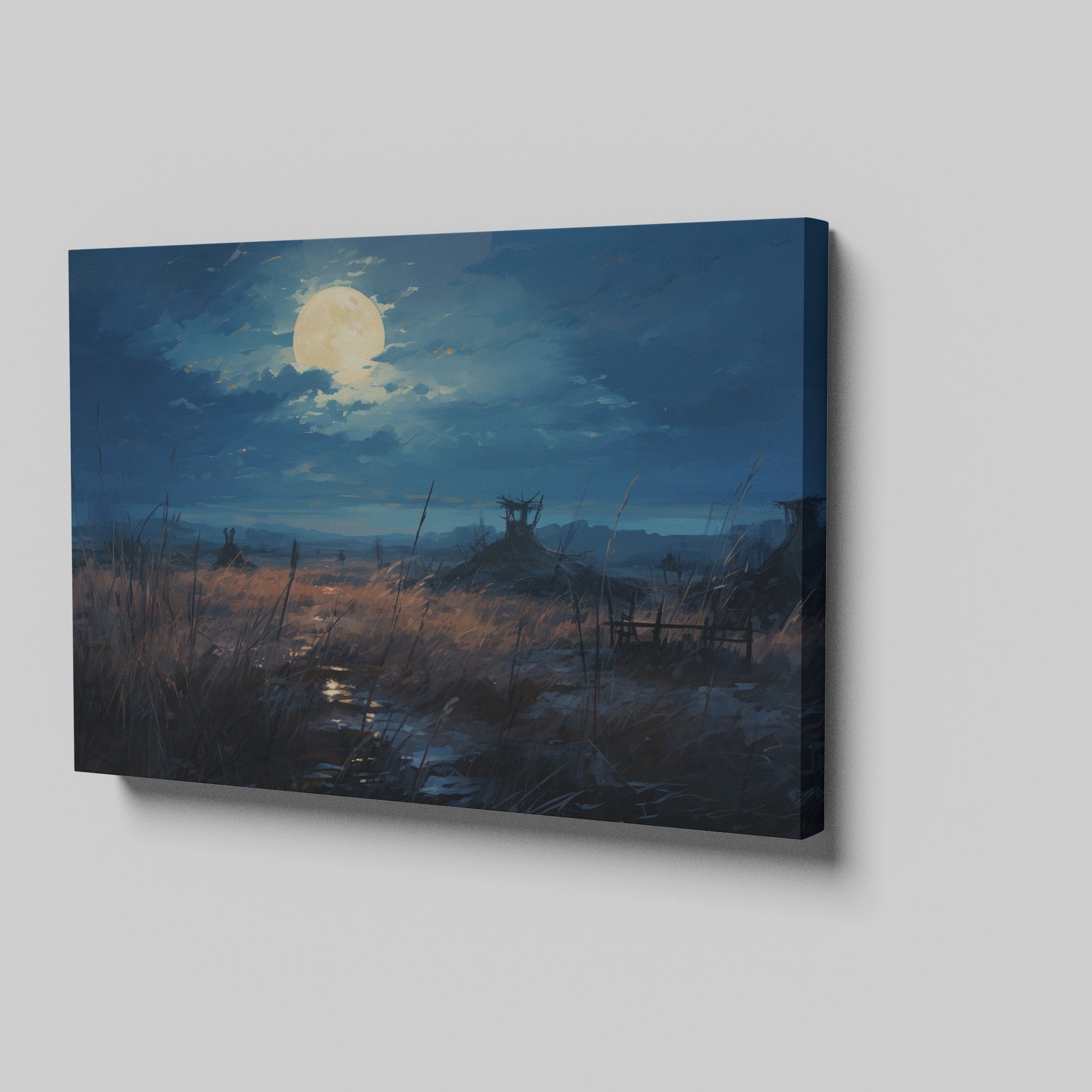 Framed canvas print of a moonlit rustic meadow with a full moon, golden tones and blue hues