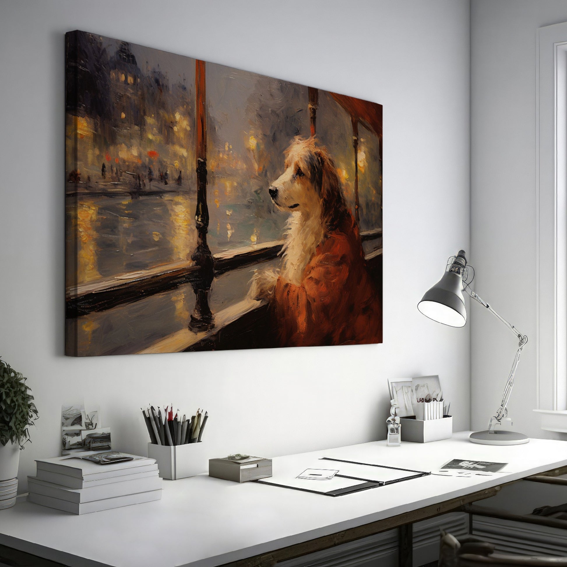 Framed canvas print of a dog looking out of a window at a city scene with warm, glowing lights