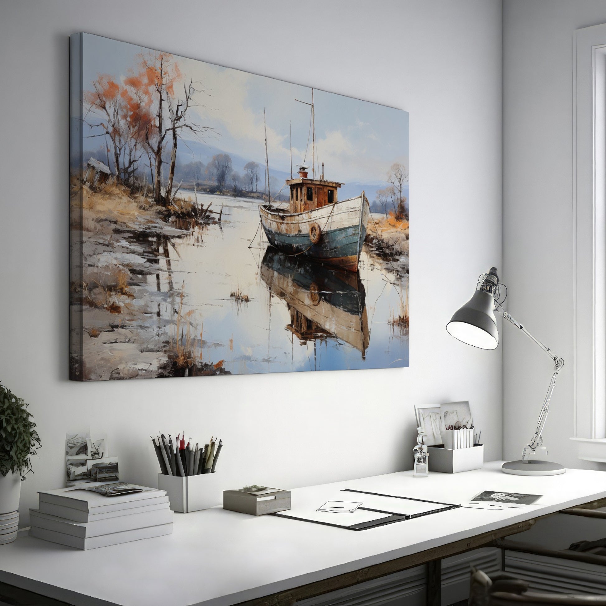 Framed canvas print of a tranquil landscape with a vintage boat moored on calm waters, reflecting autumnal trees