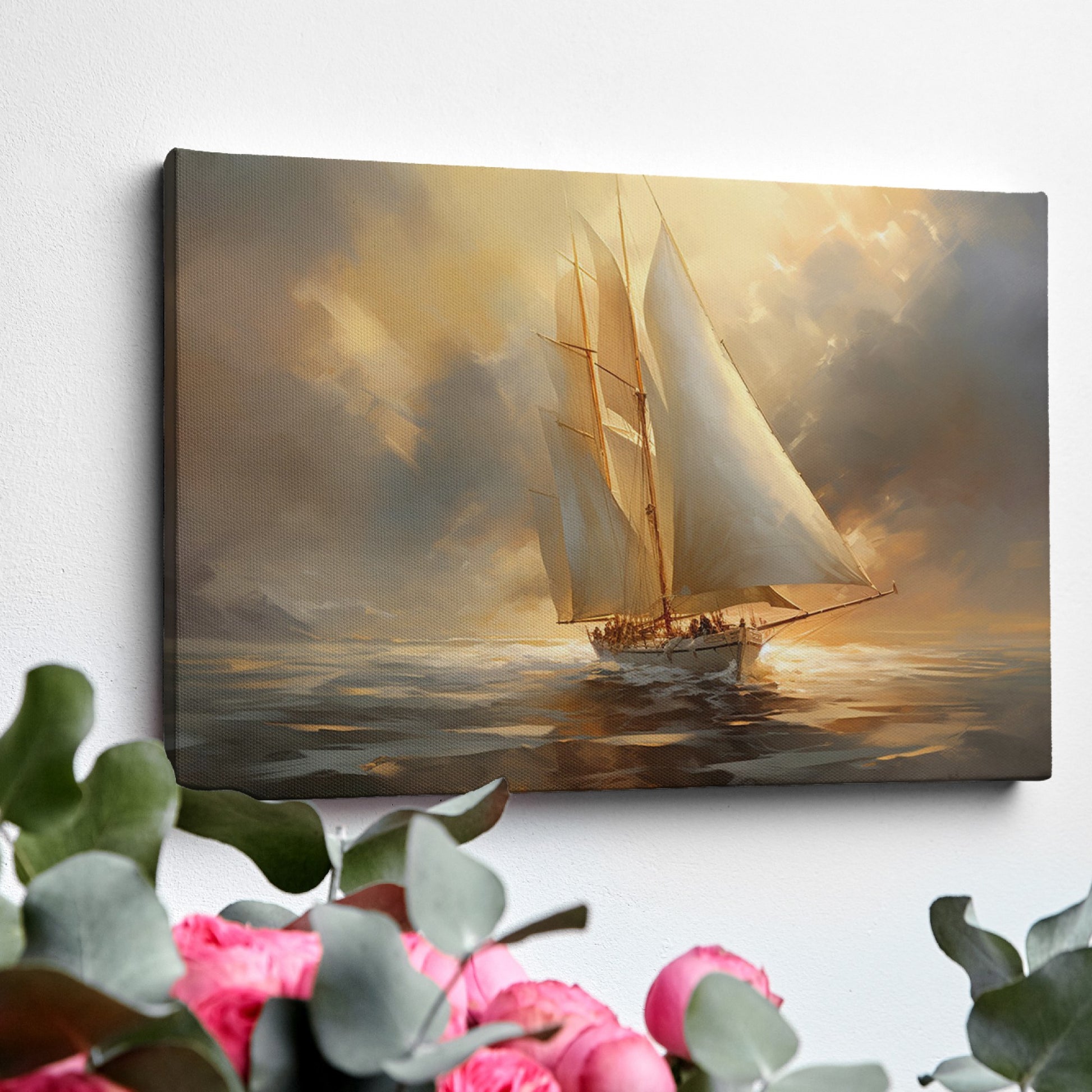 Framed canvas print of a classic sailing ship gliding through the ocean at sunset, with warm golden and amber tones in the sky