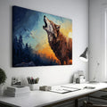 Framed canvas print of stylised howling wolf at sunset with forest backdrop