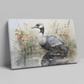 Framed canvas print of a crane amongst reeds in a watercolor wetland scene with neutral tones