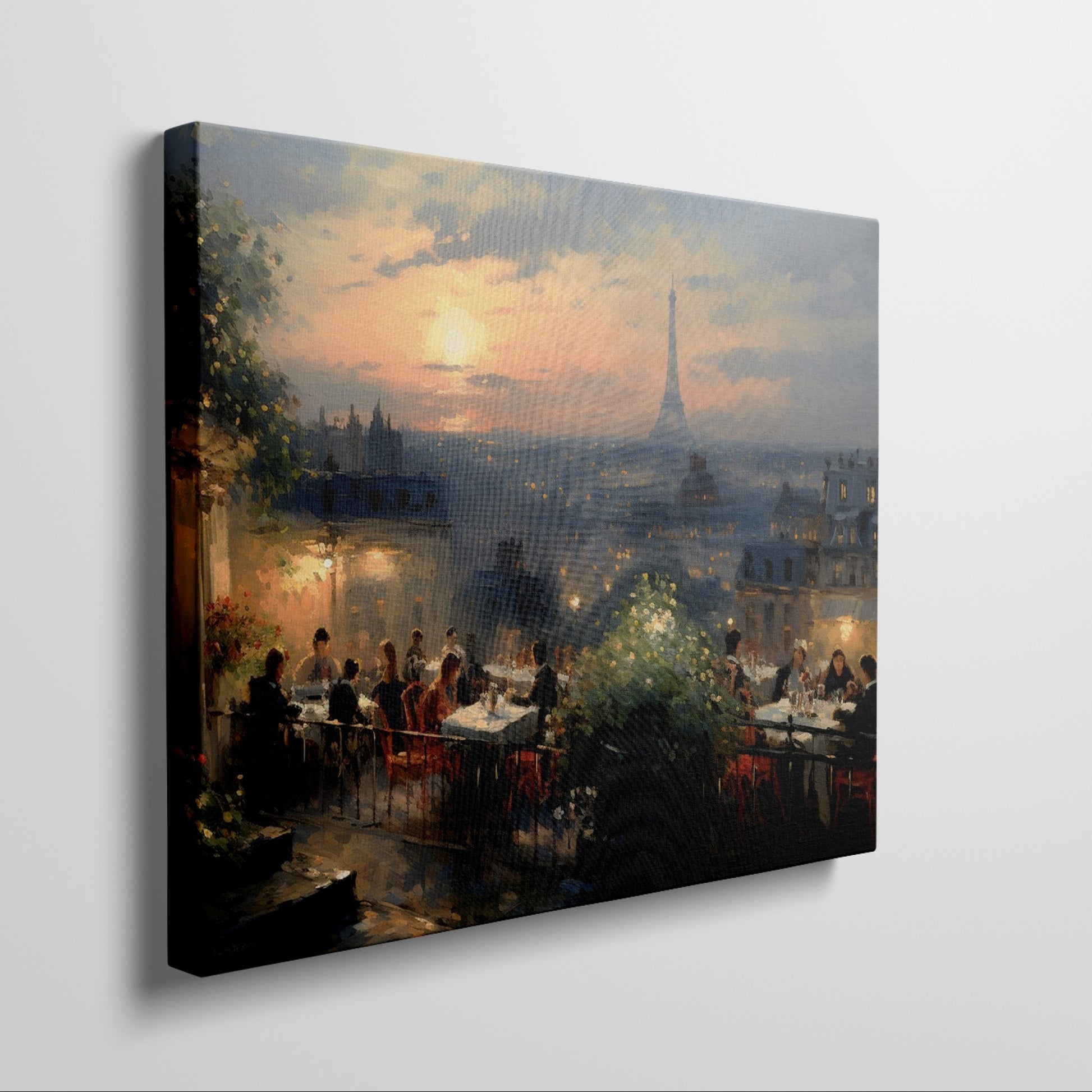 Framed canvas print of a Parisian sunset with diners on a balcony overlooking the Eiffel Tower