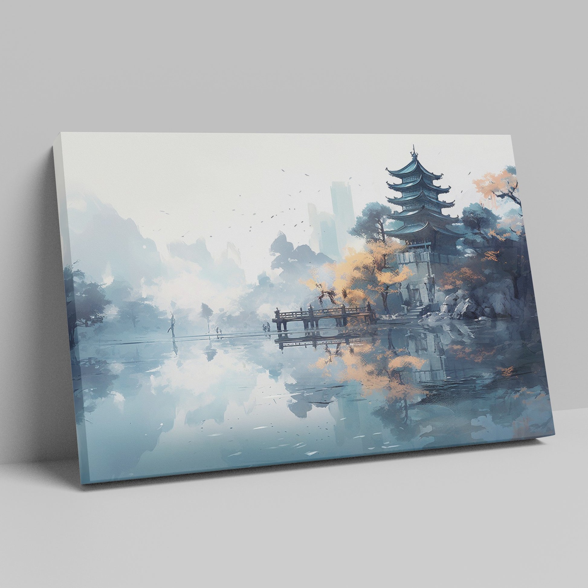 Digital painting of a traditional Eastern pagoda alongside a body of water with autumn trees and distant modern skyscrapers.