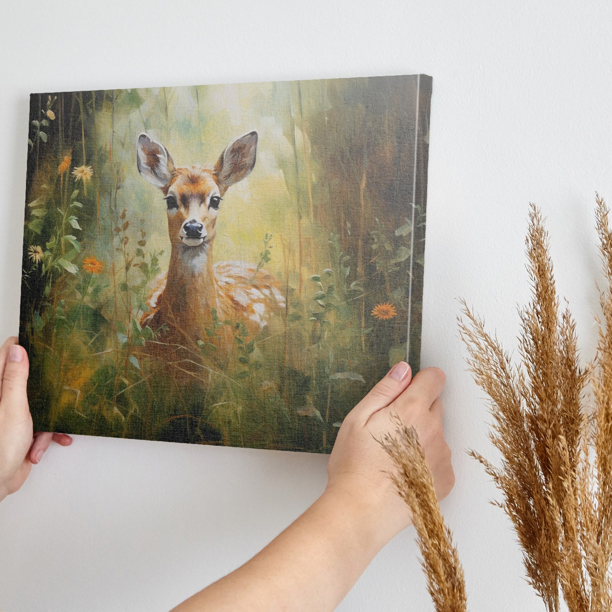 Framed canvas print of a gentle fawn in a sunlit meadow with vibrant wildflowers