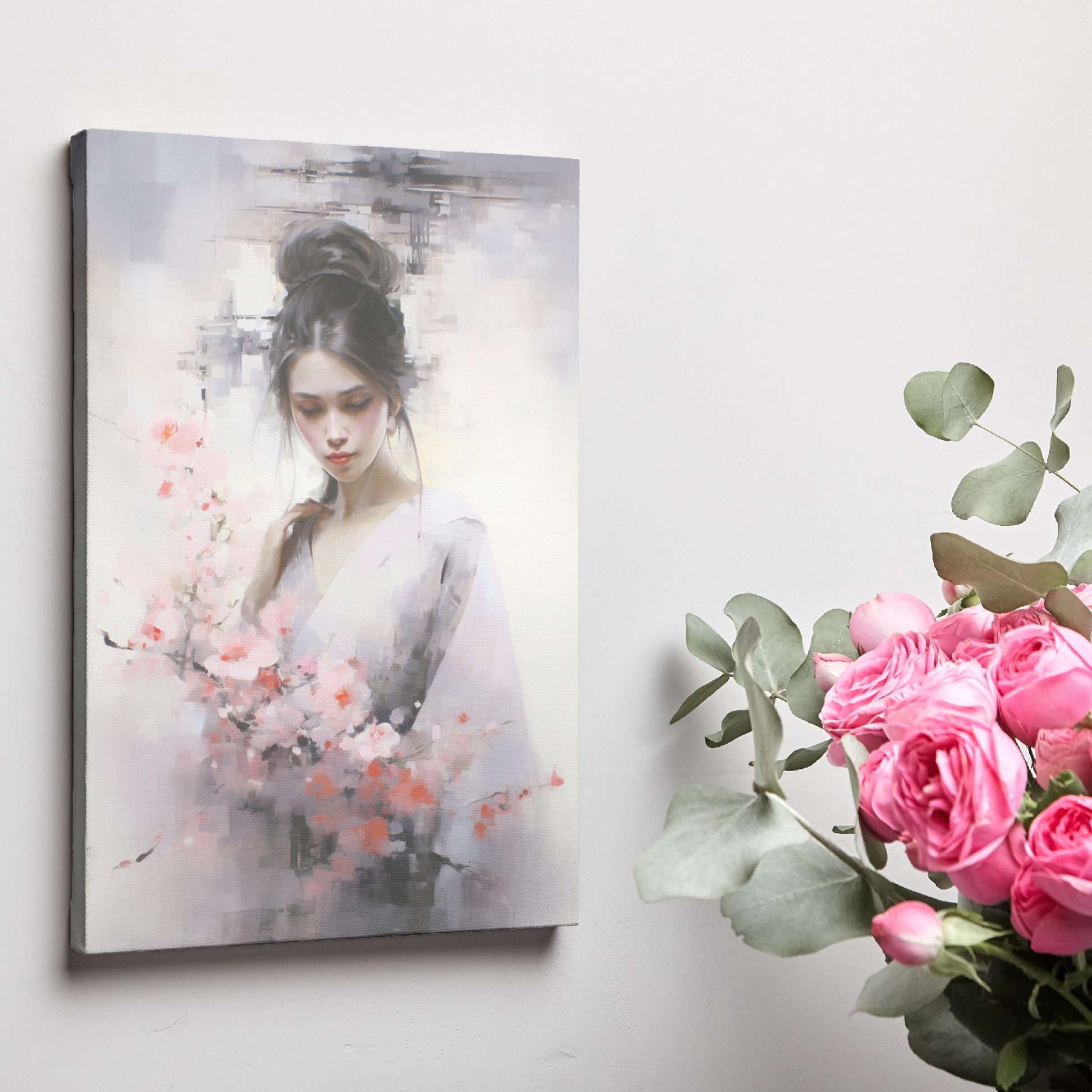 Framed canvas print of an elegant figure with cherry blossoms in soft pastel tones