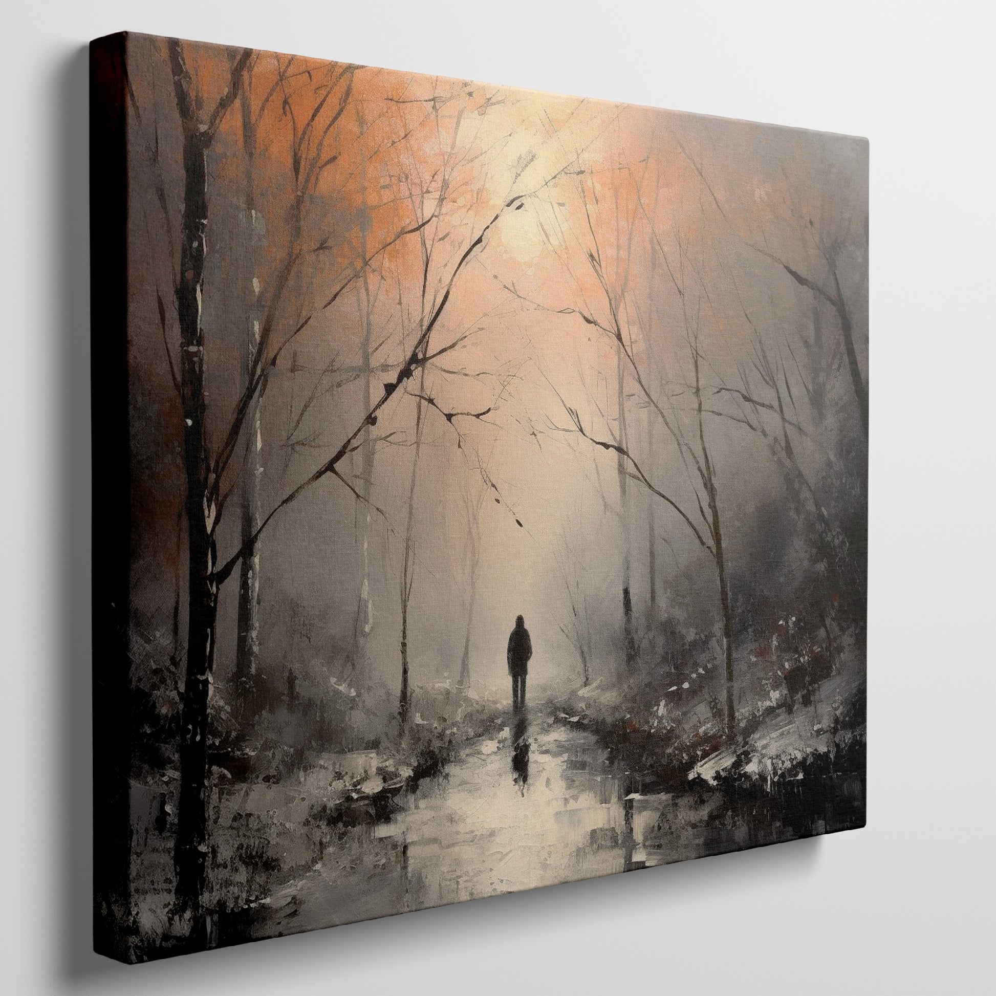 Framed canvas print of a solitary figure walking through a misty, autumnal forest with warm, glowing light