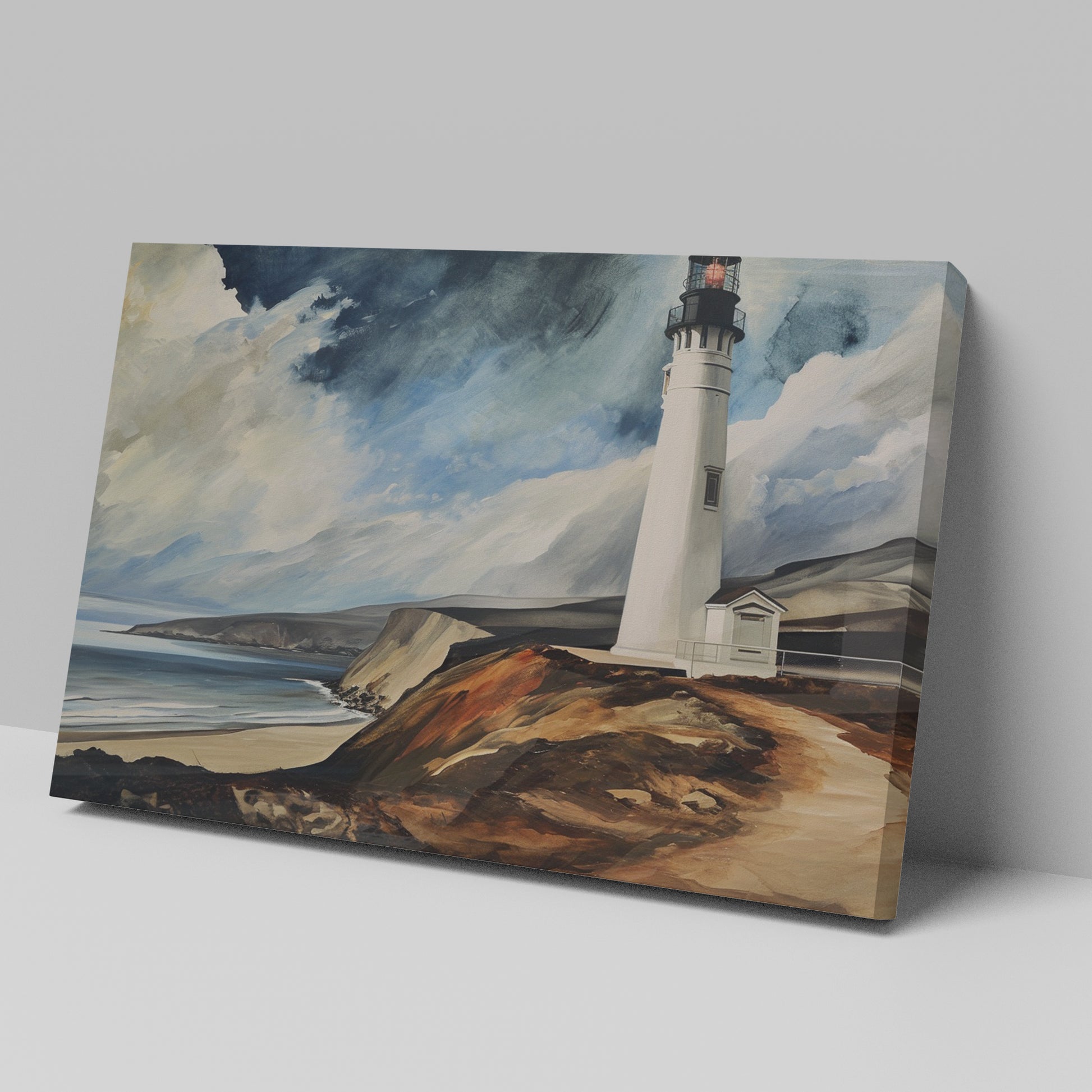 Framed canvas print of a lighthouse by the ocean with dramatic clouds and coastal cliffs