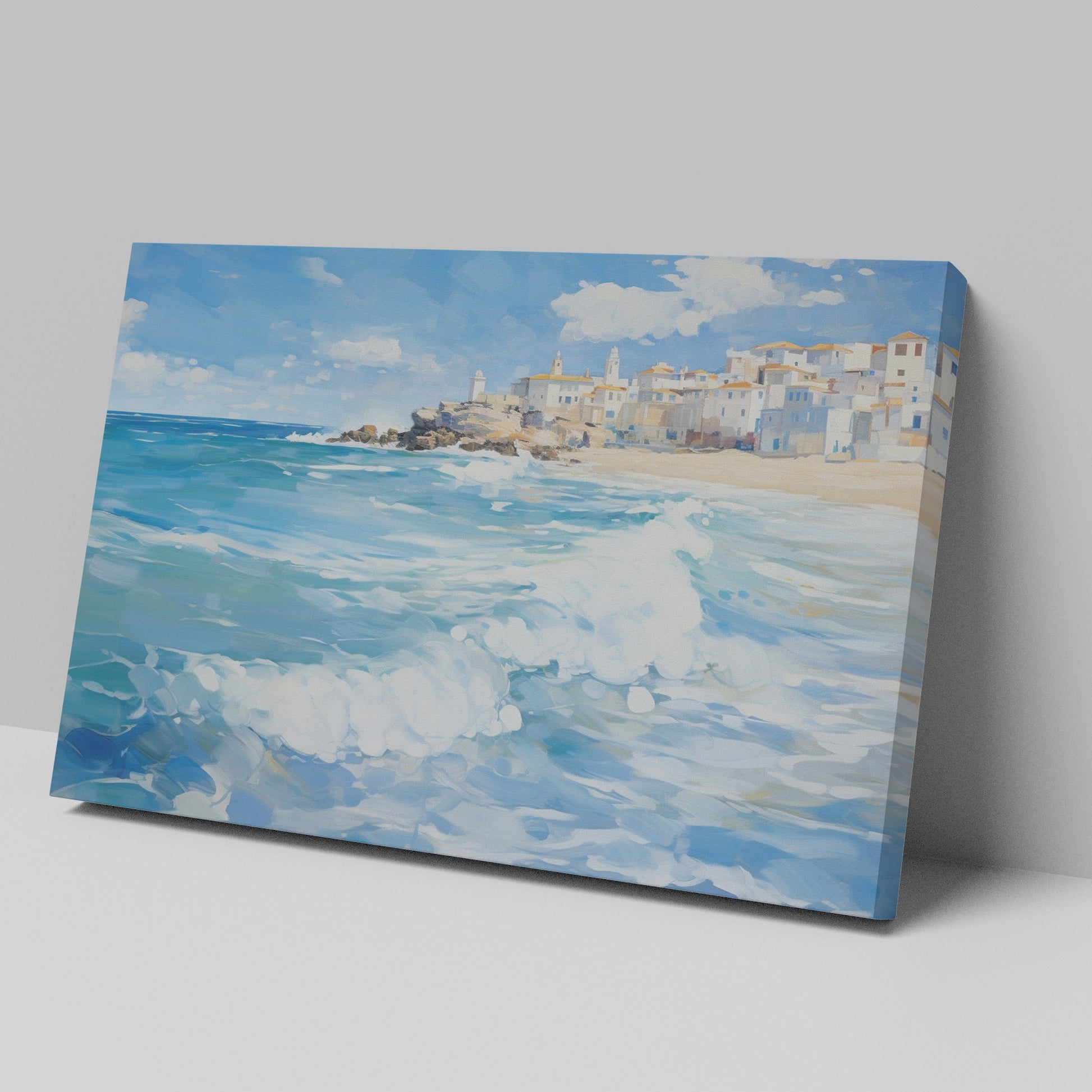 Framed canvas print of a Mediterranean village by the sea with vibrant blue waves and sunny sky