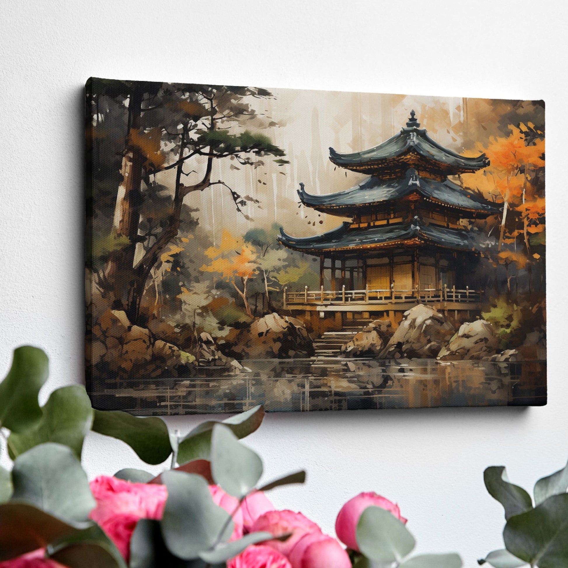 Framed canvas print of an oriental pagoda surrounded by autumn trees and reflection on water