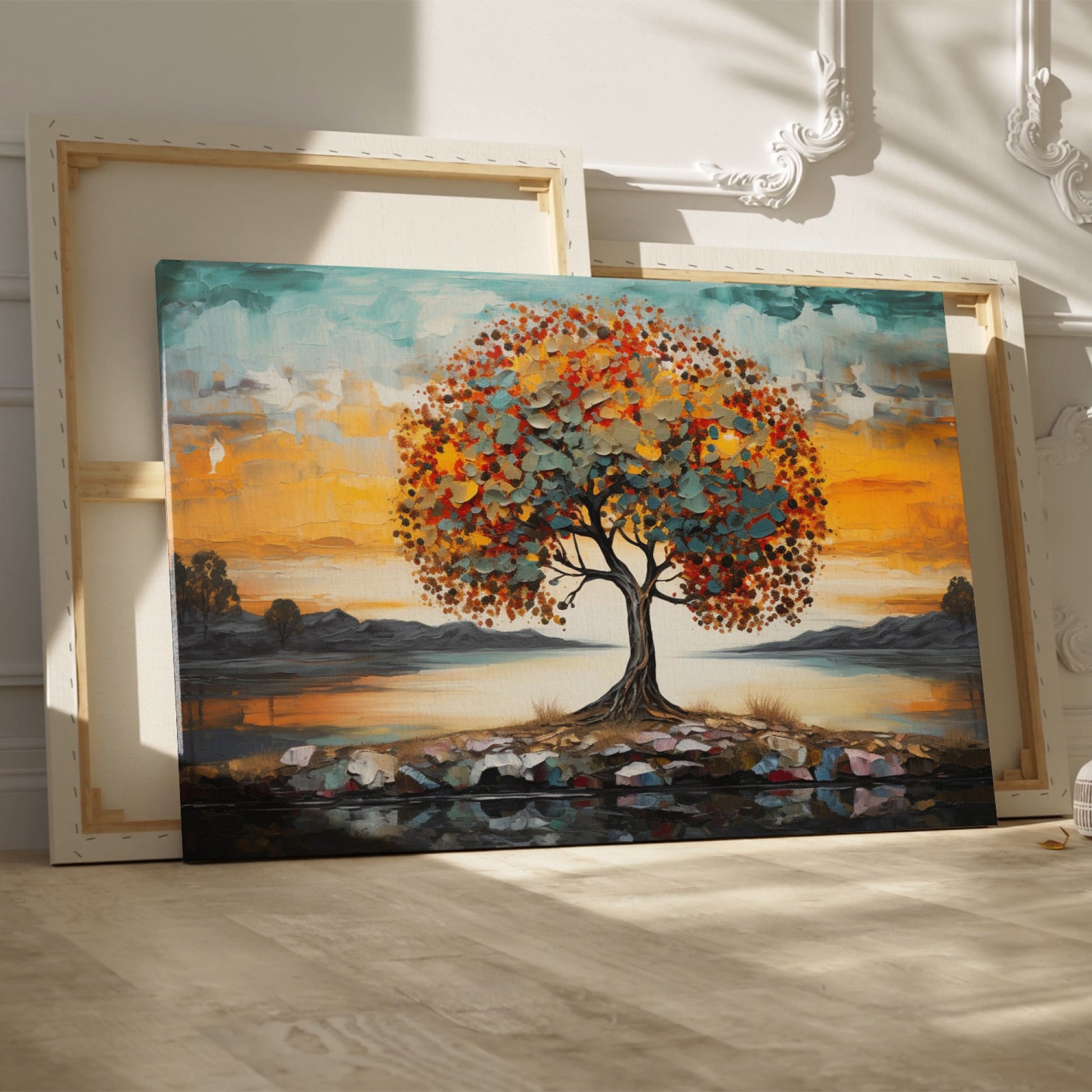 Textured canvas art of a tree with autumn leaves and a serene sunset in the background