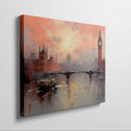 Framed canvas print of impressionist London skyline at sunset with Westminster Bridge and Thames River