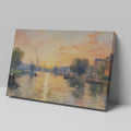 Framed canvas print of an Impressionist-style river scene with a sunset, reflective water and boats