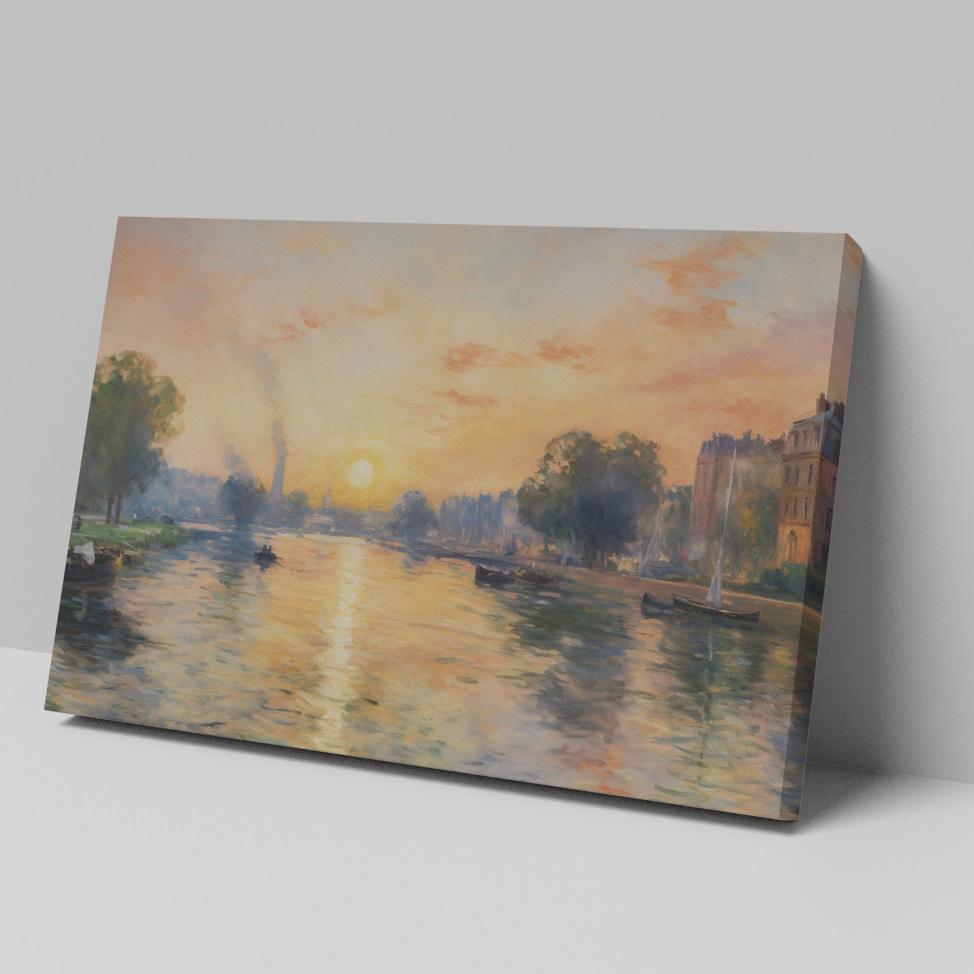 Framed canvas print of an Impressionist-style river scene with a sunset, reflective water and boats