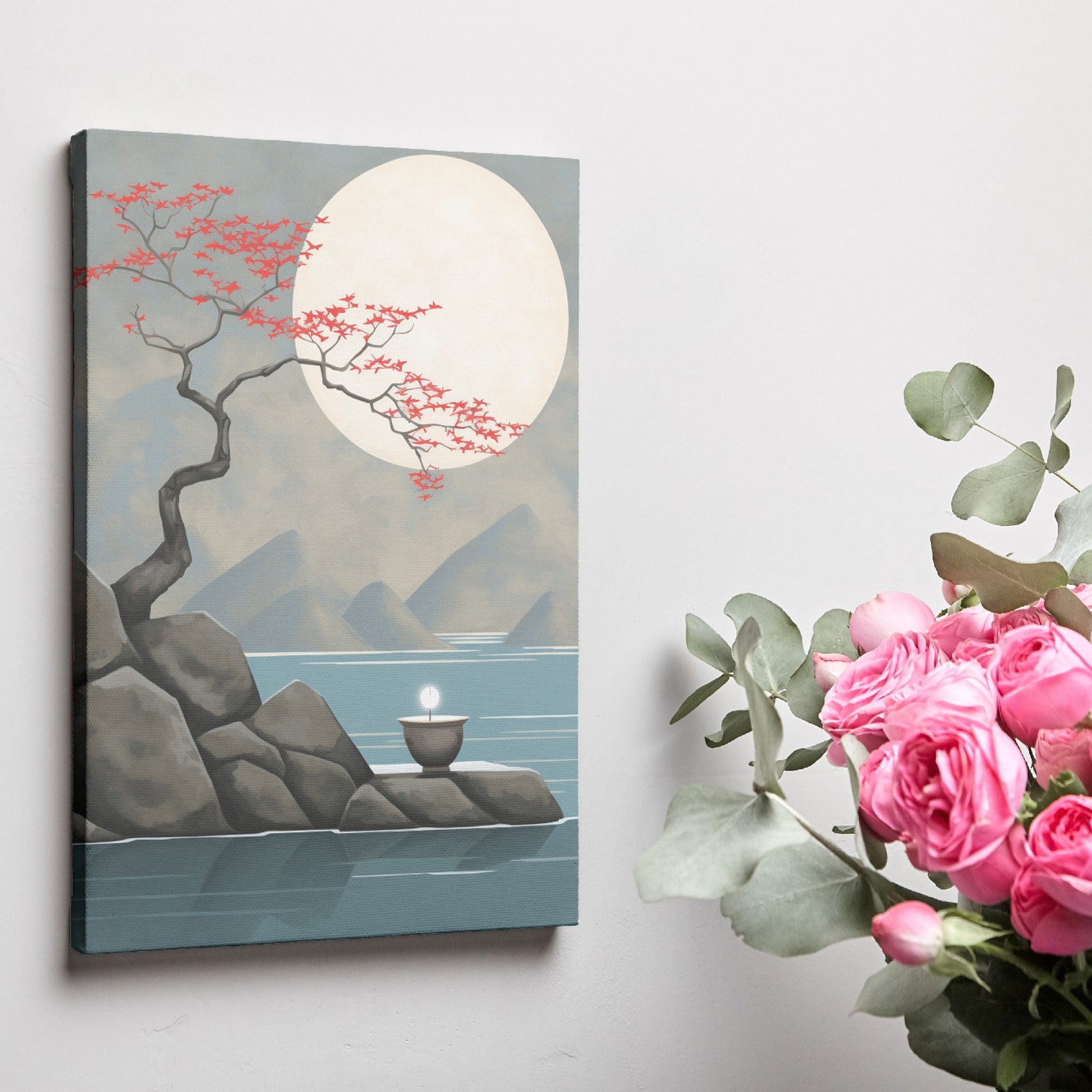 Framed canvas print of moonlit cherry blossoms over mountains with a gentle water reflection