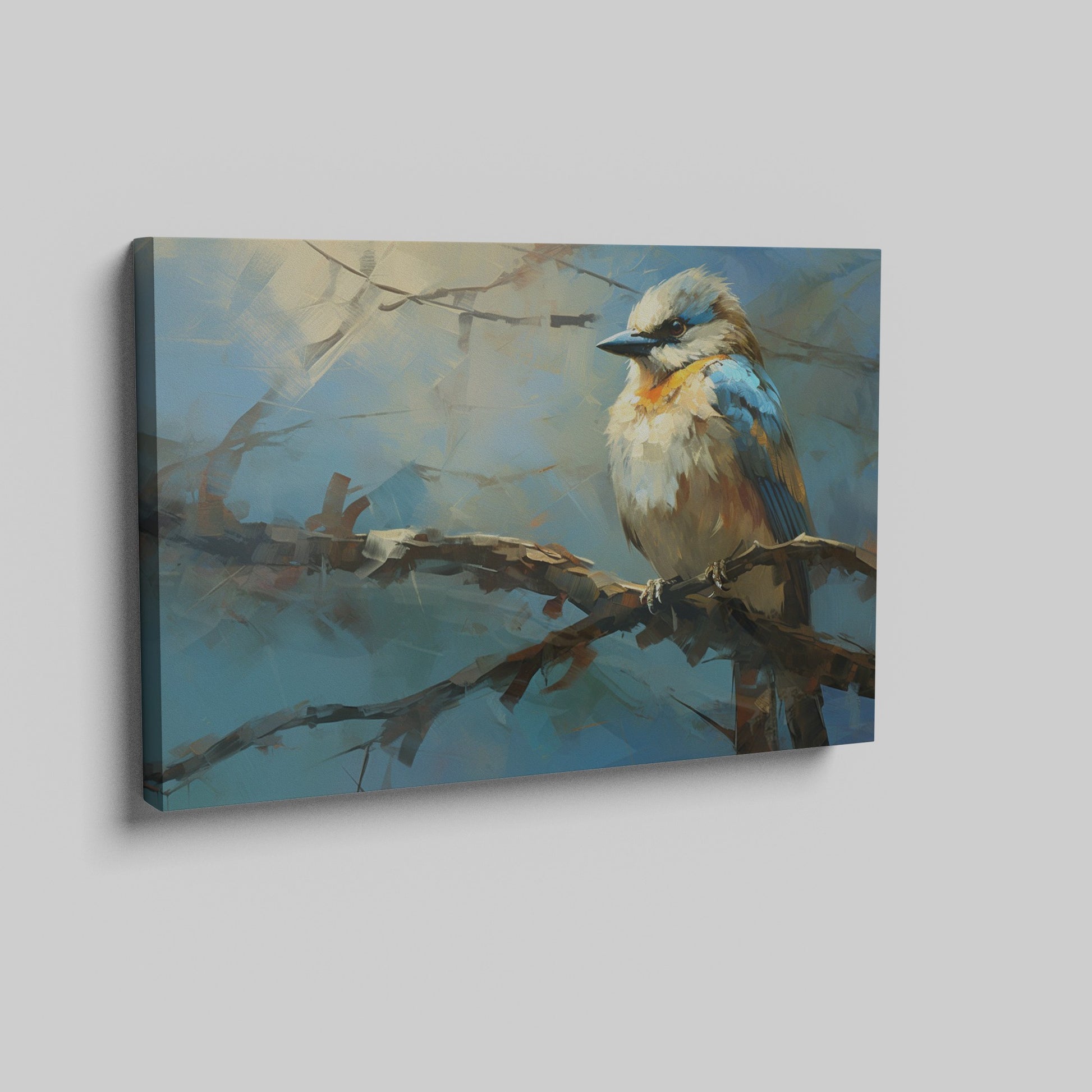 Framed canvas print of a vibrant impressionistic blue bird on a branch with a textured background