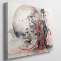 Framed canvas print of an Elegant Geisha in traditional Japanese attire with a sakura blossom and moon backdrop