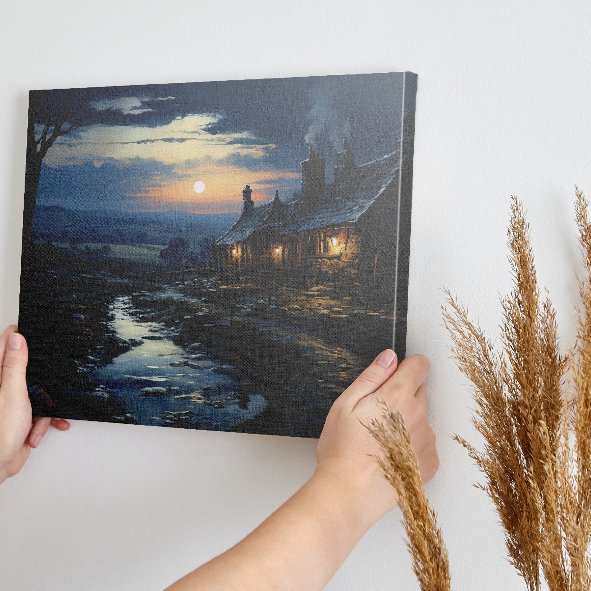 Framed canvas print of a tranquil rural cottage scene at dusk with reflections in a stream