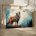 Framed canvas print of a wolf howling in an abstract forest setting