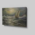 Framed canvas print of a classic maritime seascape with a sailing ship braving tumultuous ocean waves under a cloudy golden sky.