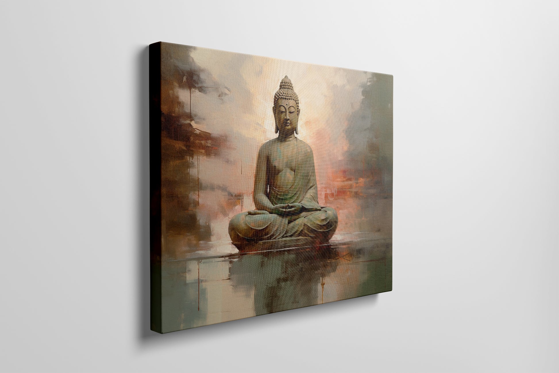 Framed canvas print of a serene Buddha in meditation with abstract background