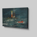 Framed canvas print of impressionist oceanic artwork featuring a bright lighthouse and a red boat in a stormy sea