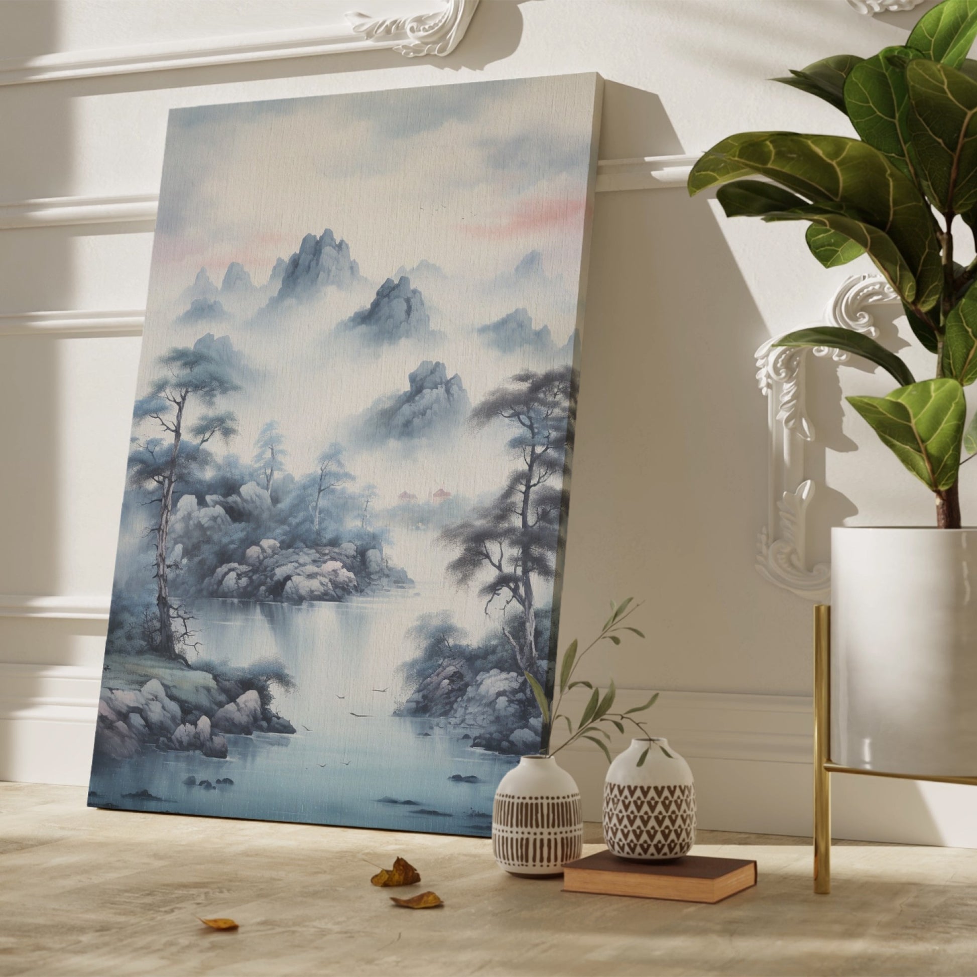 Framed canvas print of traditional Chinese landscape with misty mountains, pine trees, and lake