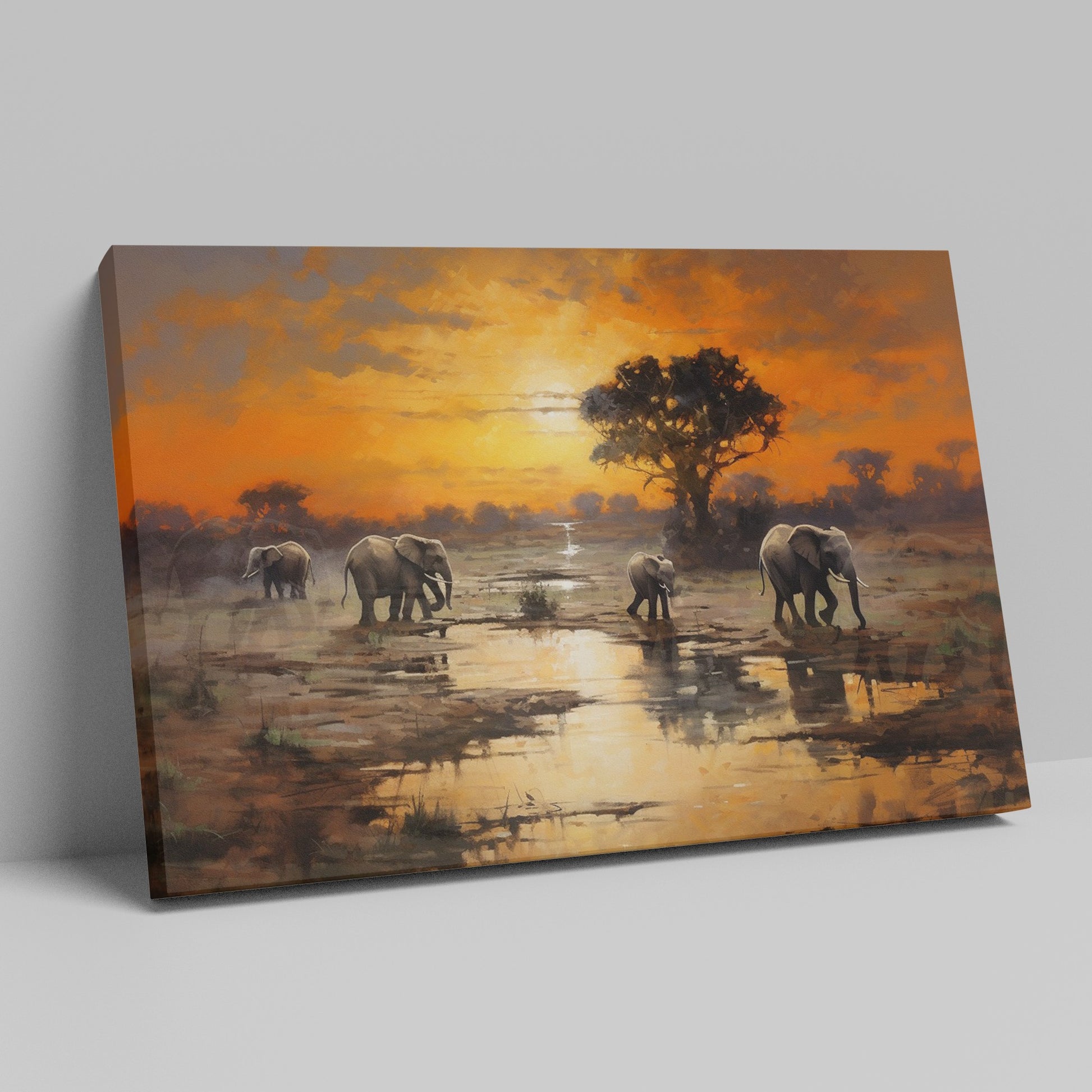 Framed canvas print of African elephants walking beside water during a vibrant sunset